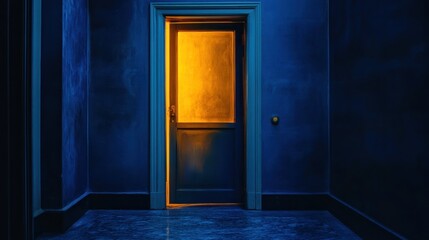 A dimly lit hallway featuring a partially open door with warm light spilling in.