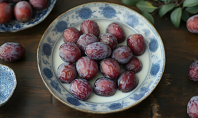 Obraz premium Plums cream dessert, wooden table, still life, food photography