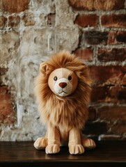 Naklejka premium A stuffed lion is sitting on a wooden table. The lion is brown and has a mane