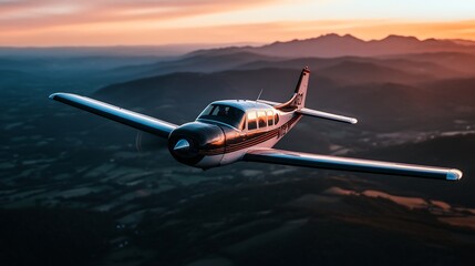 Sunset Flight: A Cessna 182T Soars Over Majestic Mountains