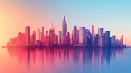 Obraz premium Cityscape Sunrise Reflection, Urban Skyline, Calm Waters