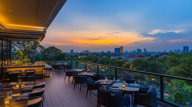 Rooftop Restaurant Sunset Cityscape Evening View