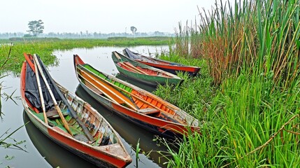 Colorful Boats Moored in Calm Swamp, Misty Dawn
