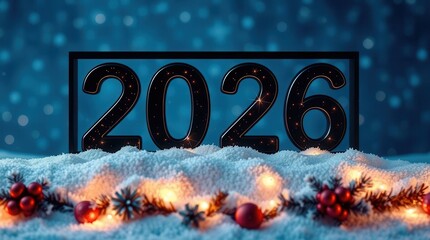 Festive "2026" numbers surrounded by snow, glowing string lights, and holiday decorations against a sparkling blue bokeh background.  
