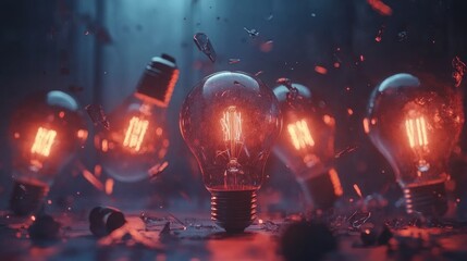 A surreal scene of glowing light bulbs amidst shattered glass, creating a dramatic atmosphere.