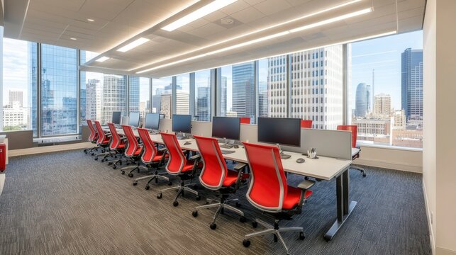 Modern Office Workspace With City View And Red Chairs