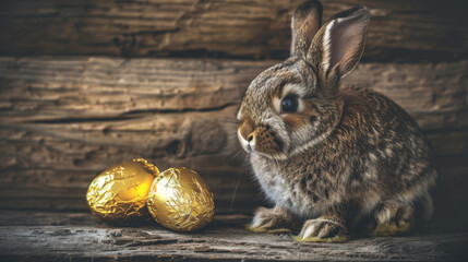Obraz premium cute rabbit sits beside two golden eggs on rustic wooden surface, evoking sense of warmth and joy. This charming scene captures essence of springtime and celebration