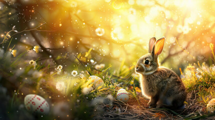cute rabbit sits in field of flowers, surrounded by colorful Easter eggs, with magical golden glow in background, creating whimsical spring atmosphere