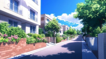 A serene residential street with lush greenery and bright blue skies.