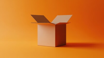A simple open cardboard box against a vibrant orange background.