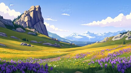 A vibrant landscape featuring mountains, a rocky formation, and colorful wildflowers.