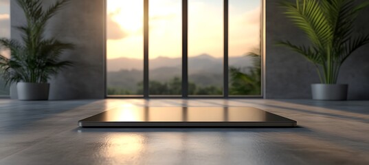 Fototapeta premium A modern table with a tablet placed on it in a cozy living room, creating a relaxed atmosphere.