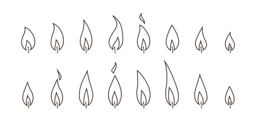 Candle flame animation. Fire vector icons. Symbols of burning candlelight, sprite sheet for videos or GIFs. Set of different black line signs. Illustration isolated on white background in flat style.
