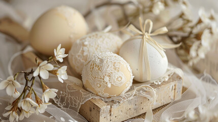Fototapeta premium Elegant decorative eggs arranged on wooden tray, surrounded by delicate flowers and lace. Perfect for spring celebrations and Easter decor