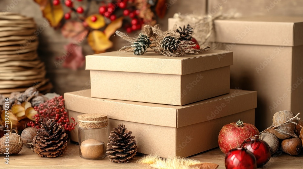 Wall mural A cozy arrangement of gift boxes and natural decorations for a festive atmosphere.