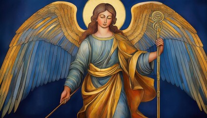 Detailed Byzantine Fresco Depicting an Angel in Regal Robes Against a Stunning Gold and Blue Backdrop, Holding a Golden Staff Timeless Artwork Showcasing Intricate Designs of the Eastern