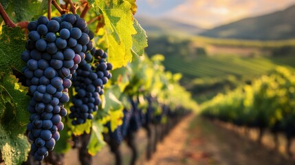 Fototapeta premium Vineyard during harvest with grapes and blurred rolling hills background