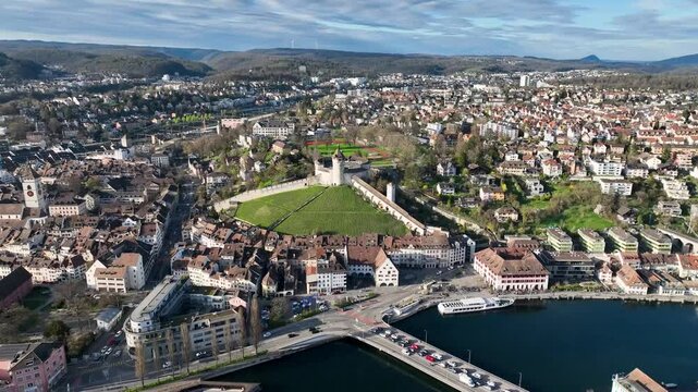 Aerial footage of the Munot fortress in the center of the Swiss city of Schaffhausen, on a sunny day