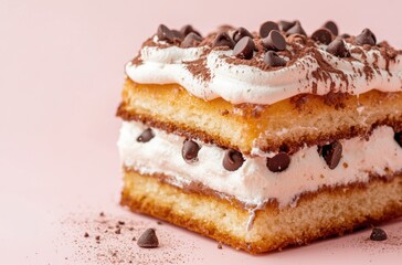 A slice of cake with chocolate chips on top