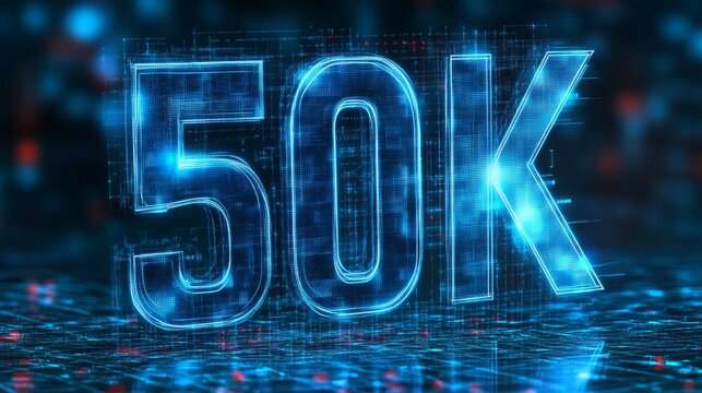 Glowing Blue Digital 50K Sign on Futuristic Technology Circuit Board Background. 3D Illustration.