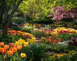 Fototapeta premium A garden with many different colored flowers, including yellow, orange, and pink