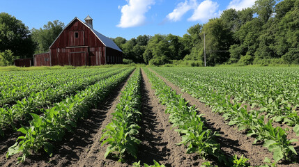 Photo of grain crops growing near a barn