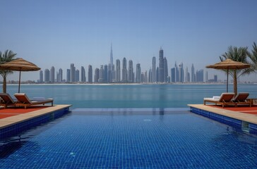 Fototapeta premium A pool with a city skyline in the background