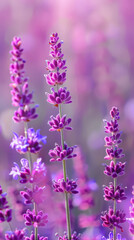 Obraz premium Beautiful field of lavender flowers with a clear blue sky in the background. The flowers are in full bloom, with their purple petals reaching towards the sky. The scene is serene and peaceful