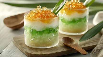 Layered dessert, pandan, coconut, jelly, studio, wooden board, tropical, food photography, recipe, website