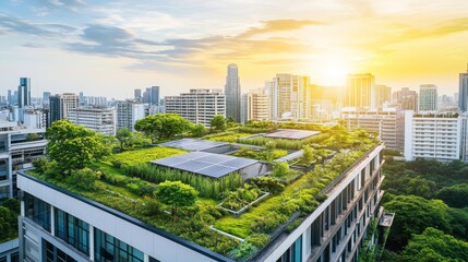 Obraz premium Eco-Friendly Cityscape: A Green Rooftop Garden at Sunset