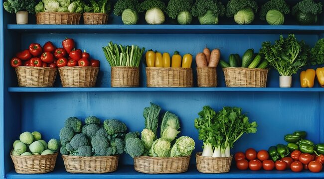 A blue wall with shelves filled with fresh vegetables and fruits, arranged in wicker baskets.