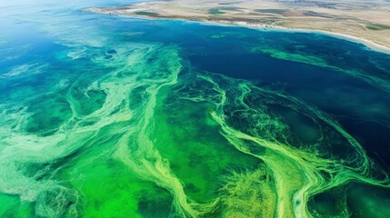 Aerial View of Green Algae Bloom in Coastal Waters