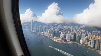 Helicopter Hong Kong harbor aerial city view travel
