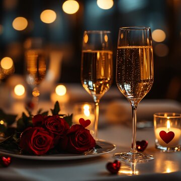 A romantic candlelit dinner setup for Valentine's Day, featuring a table with red roses, champagne glasses, heart-shaped candles, and a soft glow, in an elegant restaurant setting