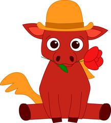 Horse in hat with red flower Cartoon line vector Mascot Character. Illustration Isolated On White Background