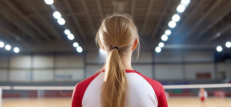 Girl in gym, back view, volleyball court