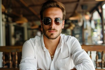 Obraz premium Portrait of a confident young businessman wearing sunglasses sitting in a cafe