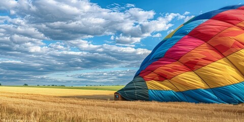 A colorful hot air balloon rests in a golden field under a dramatic sky.