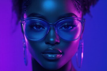 Close-Up Portrait of Woman in Glasses with Neon Lighting