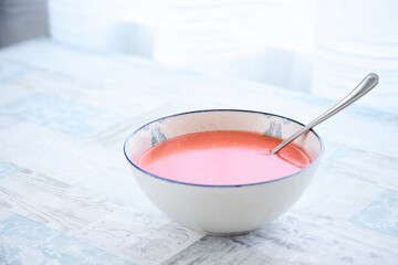 Healthy fresh food from the Mediterranean diet. Bowl full of gazpacho, the cold vegan Spanish summer soup