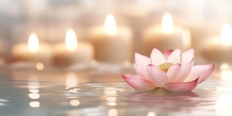 A serene pink lotus flower floating on water with candles in the background