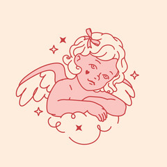 Vintage baby girl angel with a bow and wings resting on a cloud. Line art pink tone print, sticker or tattoo. Aesthetic of love and innocence for Valentine's Day, maternity, girly themed projects