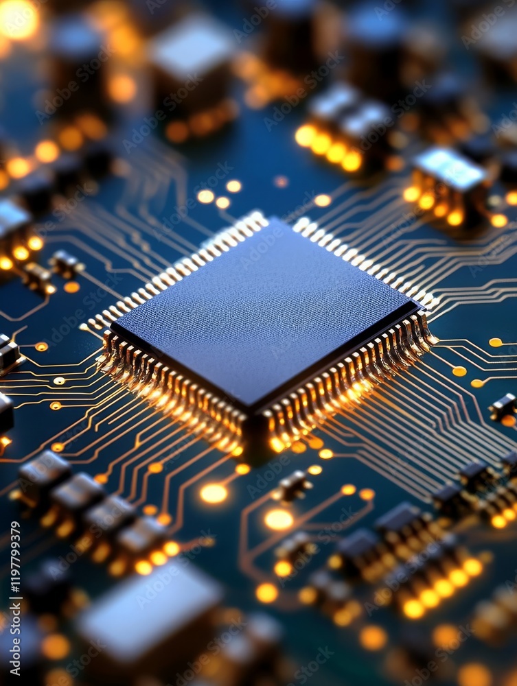 Poster a comprehensive and detailed view of a microchip situated on a circuit board, highlighting its glowi