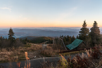 View from Lysa hora hill in Moravskoslezske Beskydy mountains in Czech republic during sunset