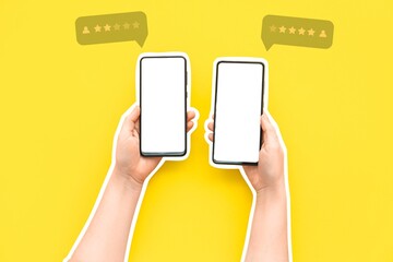 Hands of person with mobile phones responding to survey on yellow background