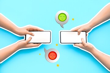 Hands of people with mobile phones responding to survey on blue background