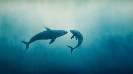 A pair of watercolor whales swimming together, symbolizing love and harmony in the ocean