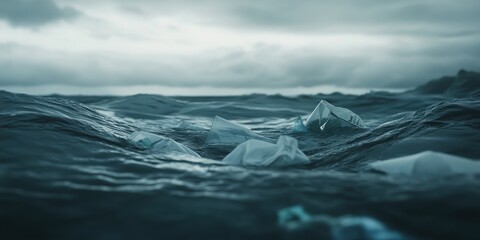 Fototapeta premium Ocean pollution with floating plastic bags and environmental impact concept