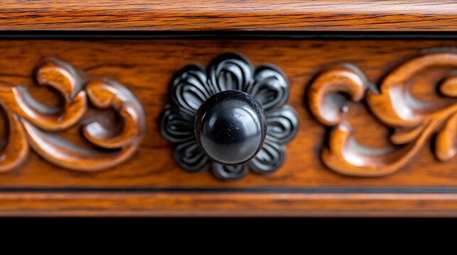 Close-up of Ornate Wooden Drawer with Black Knob