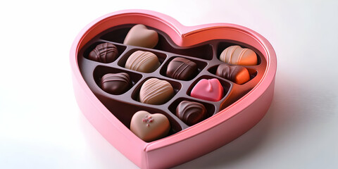 Elegant pink heart-shaped box with chocolates, soft lighting glow, isolated on white background